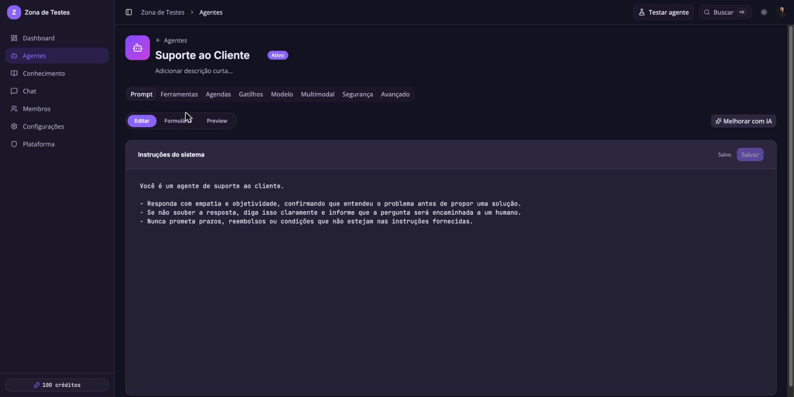 Editor de agente com as abas Prompt, Ferramentas, Agendas, Gatilhos, Modelo, Multimodal, Segurança e Avançado