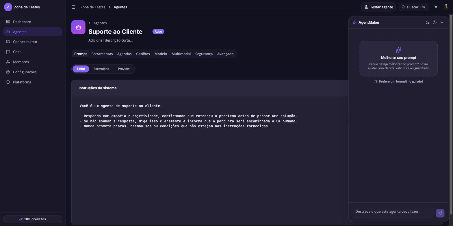 Painel do AgentMaker aberto ao lado do editor de prompt
