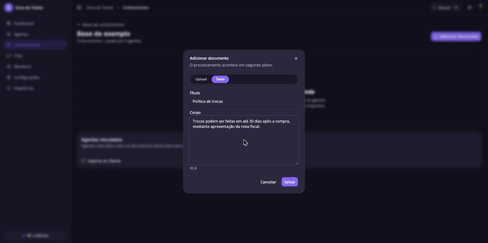 Diálogo de adicionar documento no modo Texto, com título e corpo preenchidos